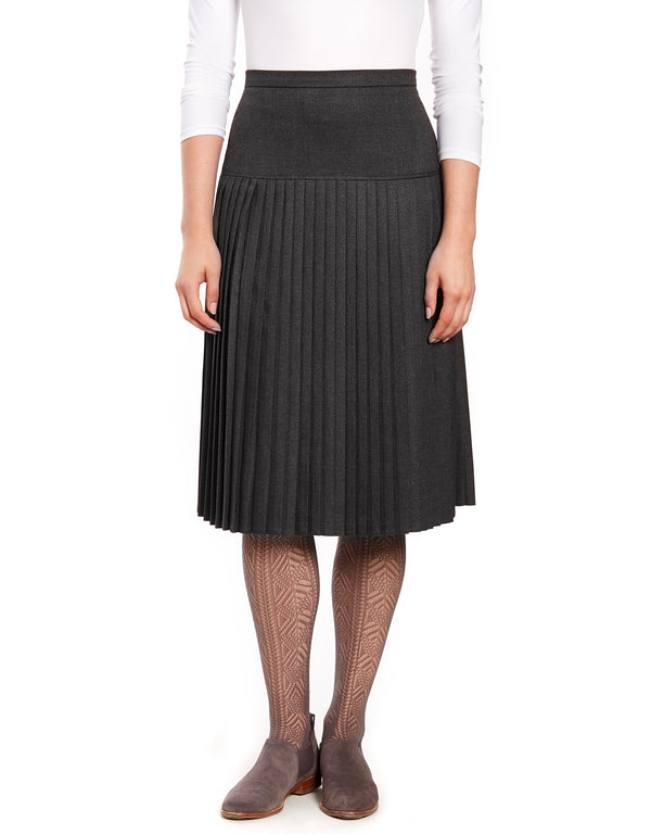 29" Lined Wool Blend Yoke Skirt with Mini Pleats Gray