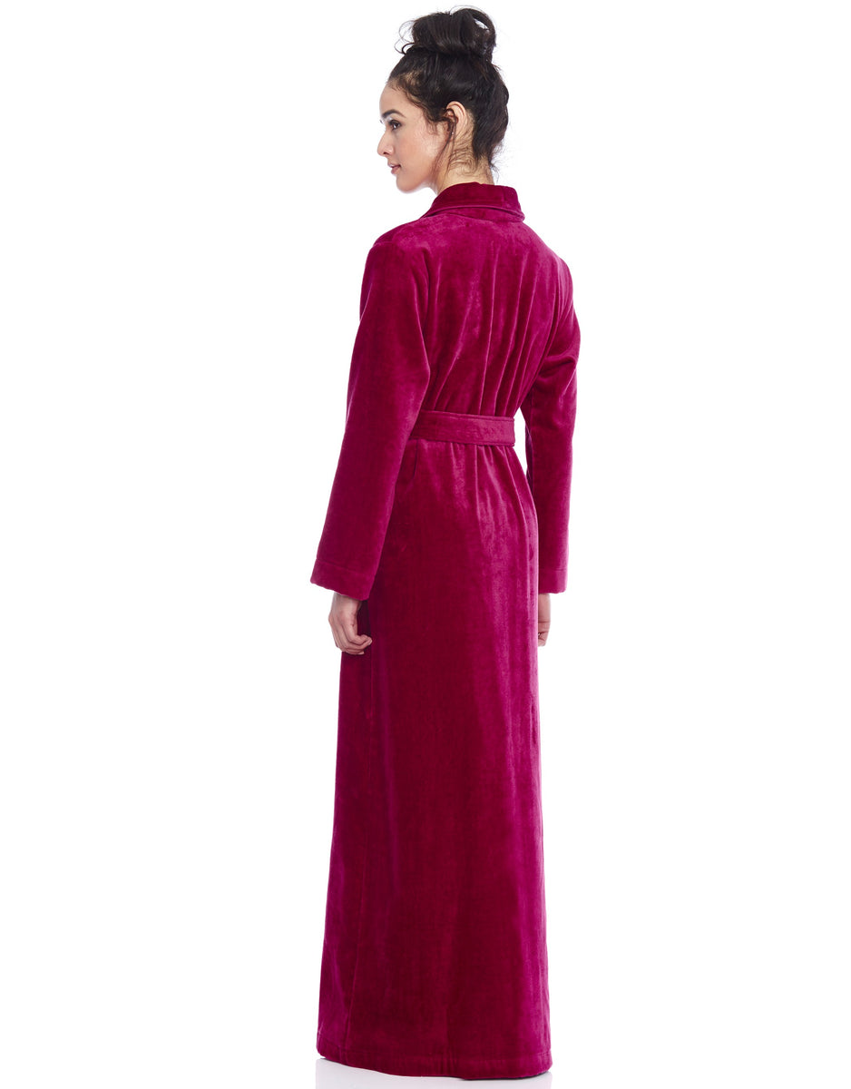 Terry Wrap Long Belted Bathrobe with Piped Trim Raspberry