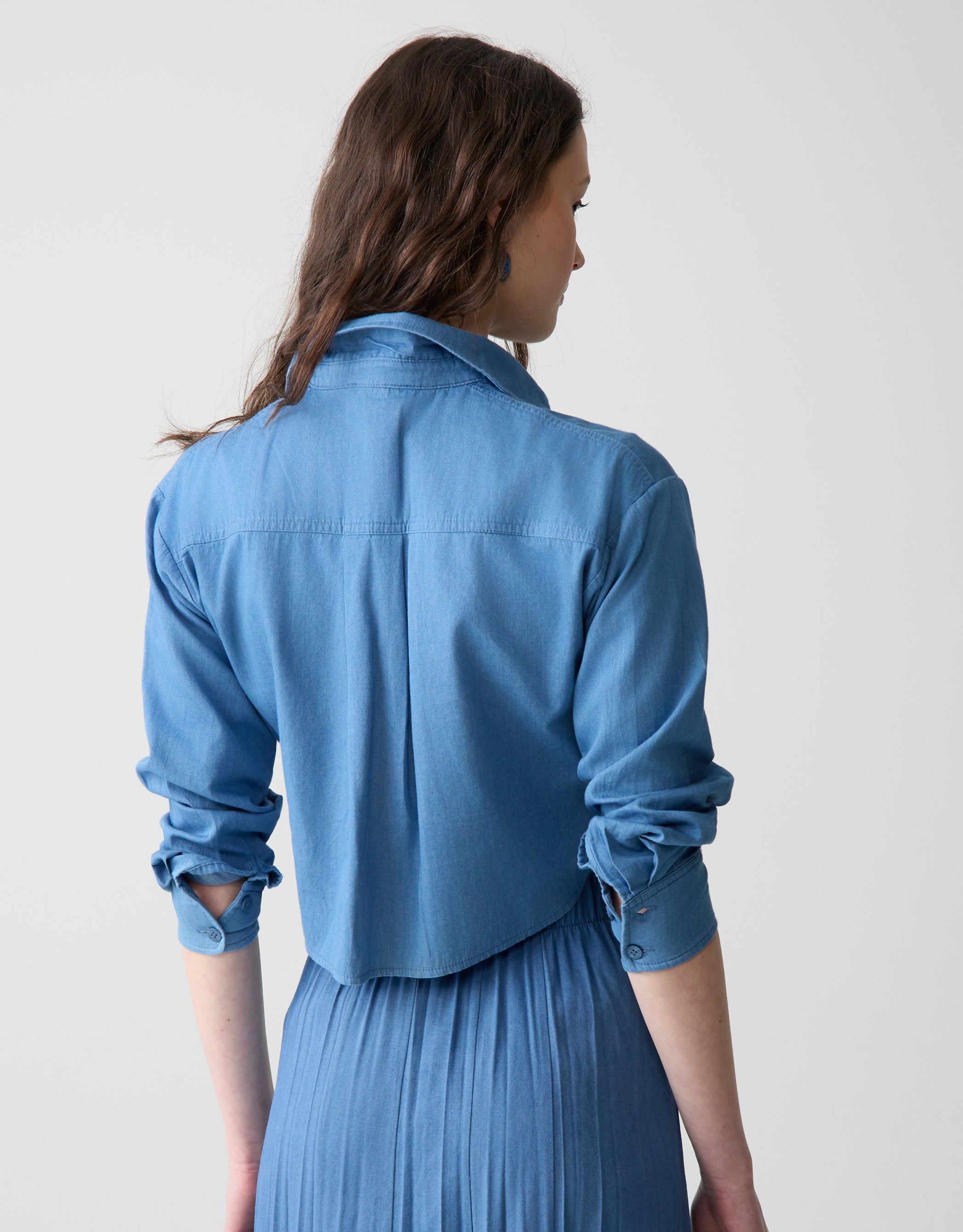 Cropped Denim Shirt with Pocket Light Blue