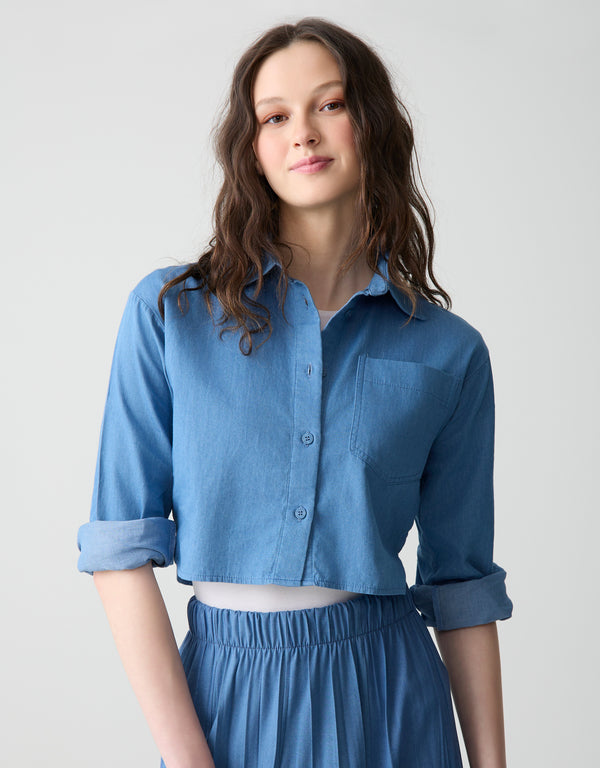 Cropped Denim Shirt with Pocket Light Blue