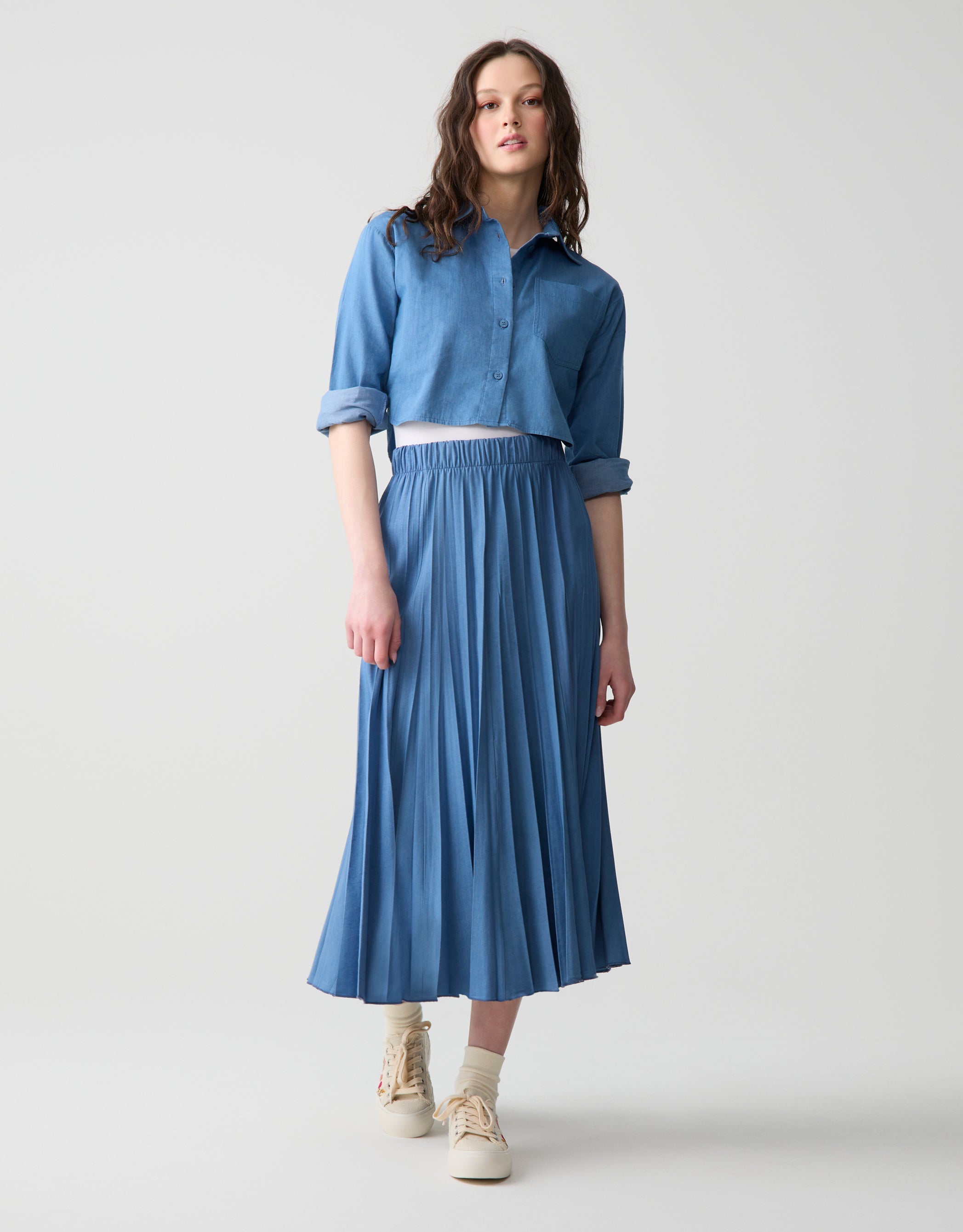 Cropped Denim Shirt with Pocket Light Blue