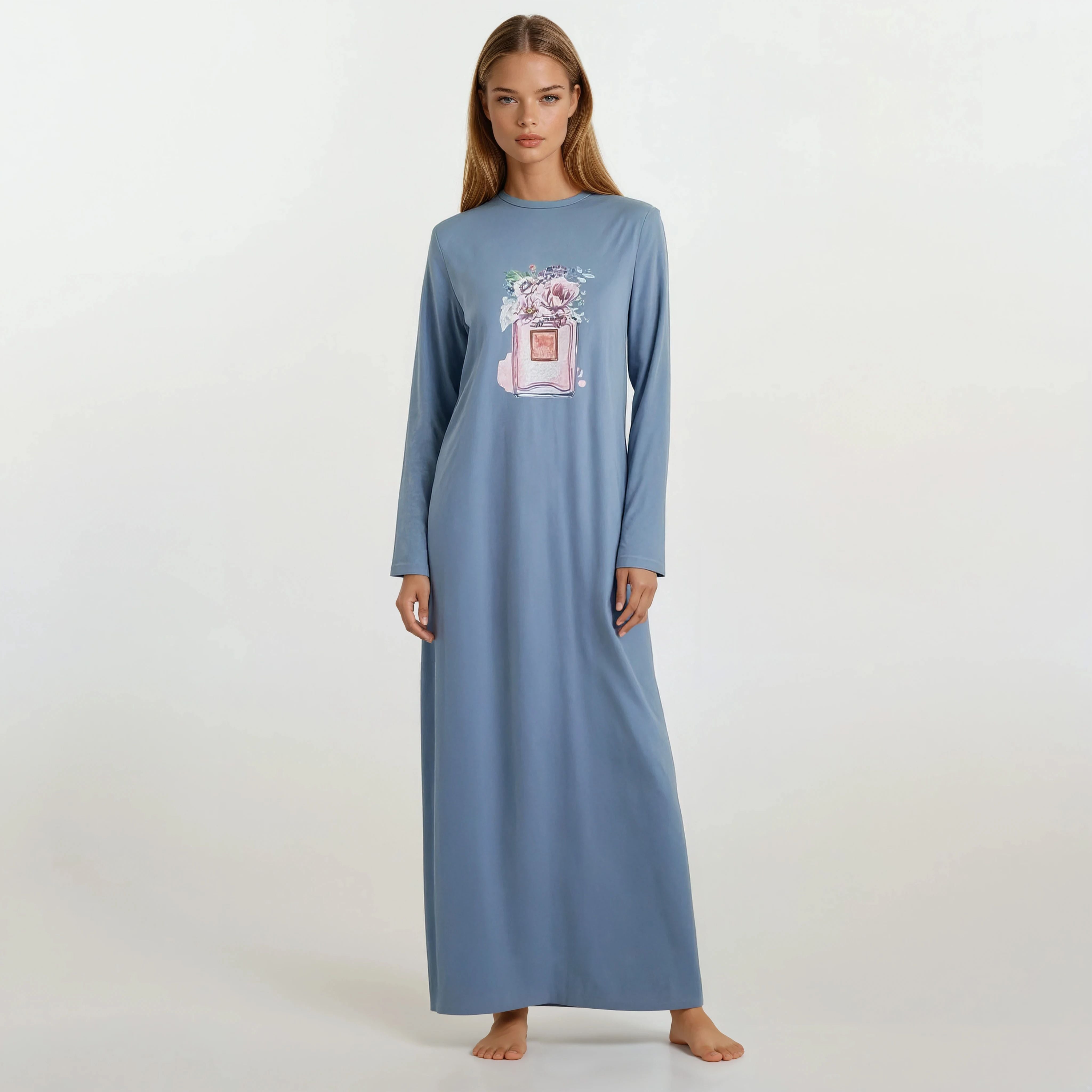 Soft blue Pull-On Nightgown with Floral Perfume Bottle Print