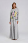 Heather grey floral print nightgown with long sleeves and a loose ankle-length fit