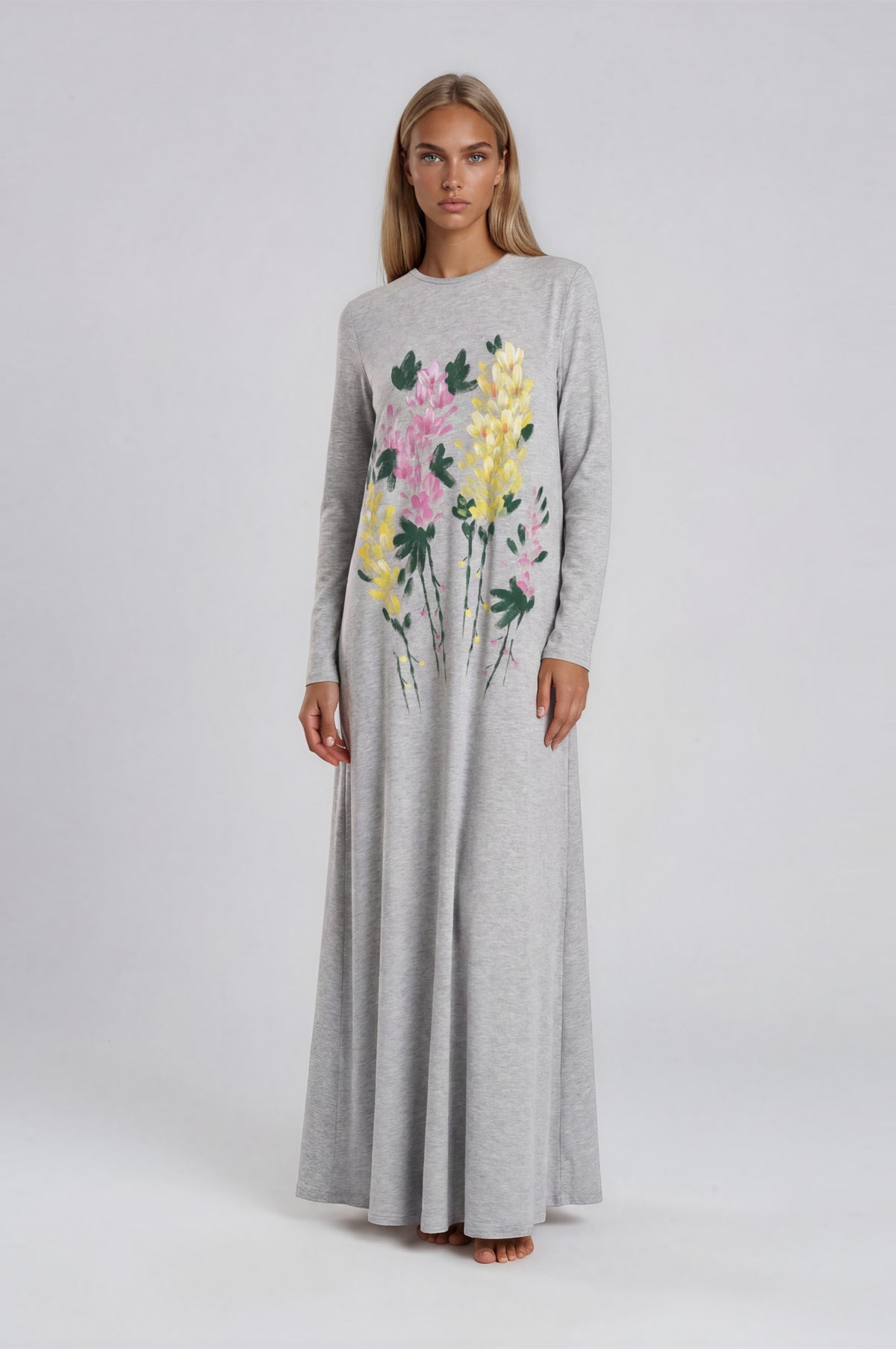 Heather grey floral print nightgown with long sleeves and a loose ankle-length fit