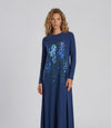 Long navy nightgown with long sleeves and a blue floral print across the front