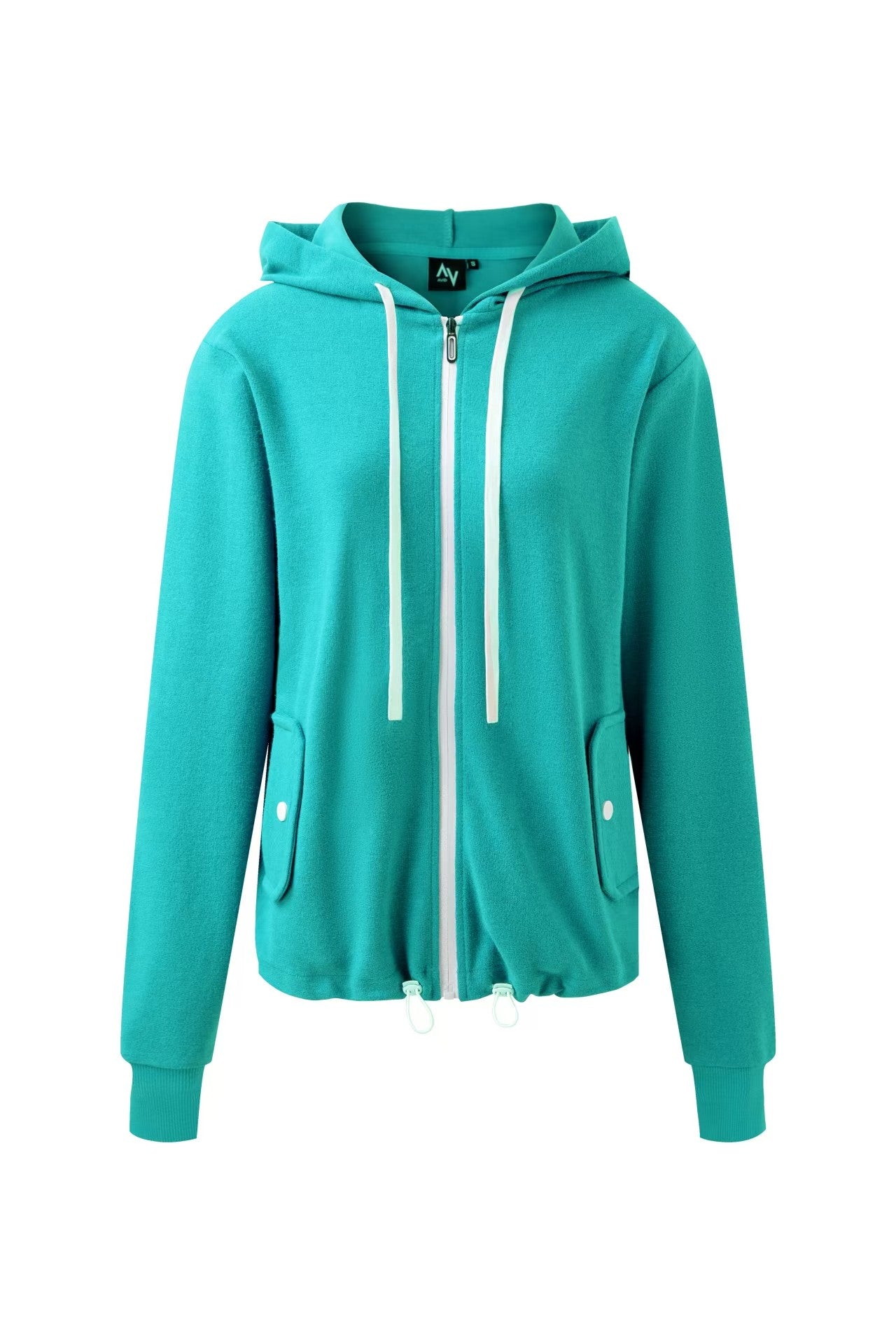 Dark Green Terry Zip Hoodie with drawstring and pockets.