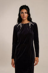 Black Velvet Crystal Shoulder Maxi Dress