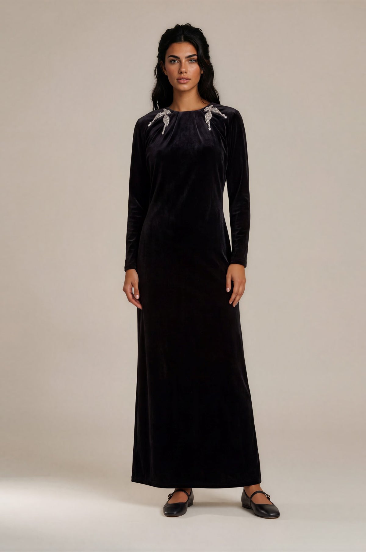 Black Velvet Crystal Shoulder Maxi Dress