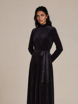 Black Velvet Satin Belt Maxi Dress