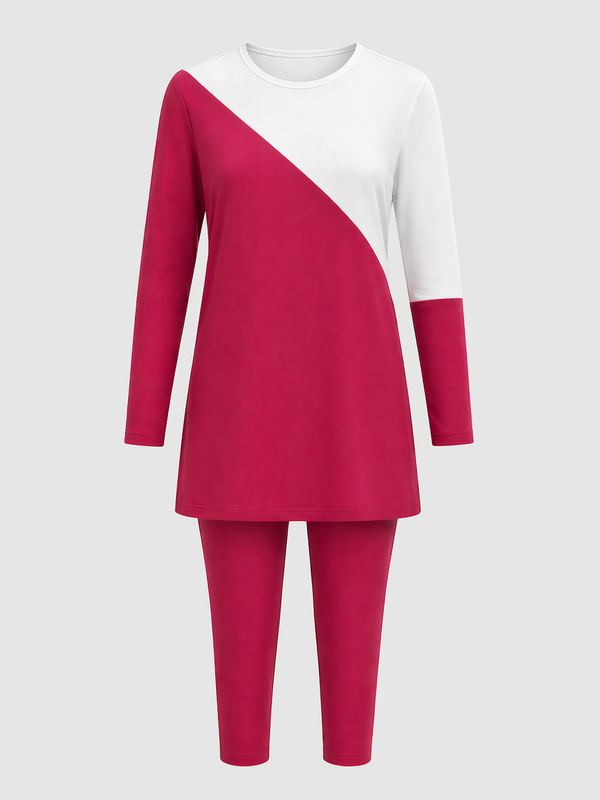 Diagonal Ivory Red Ribbed Tunic Set