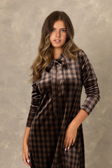 Brown plaid long sleeve velvet tie neck maxi dress.