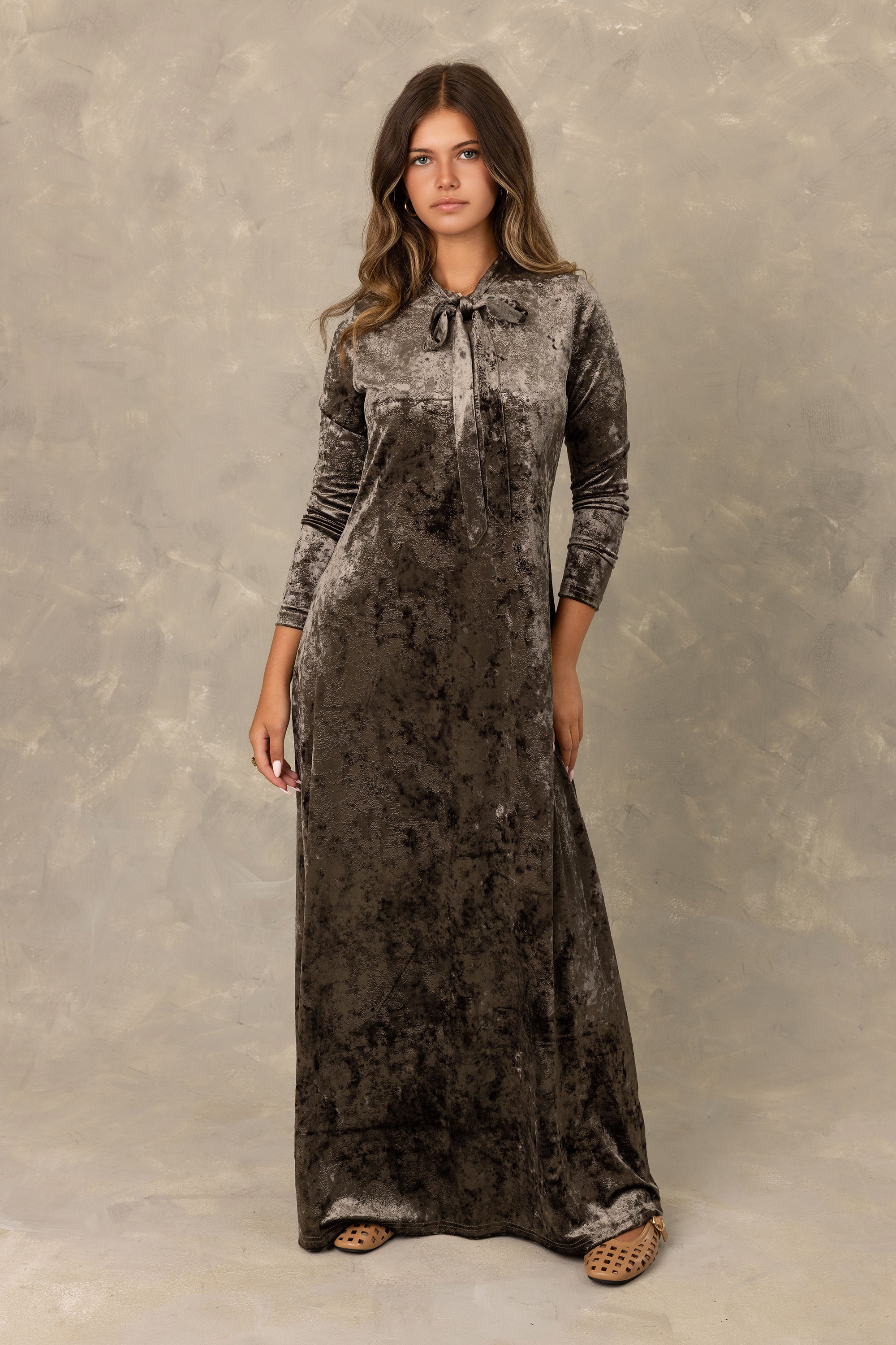 Copper Velvet Tie Neck Maxi Dress