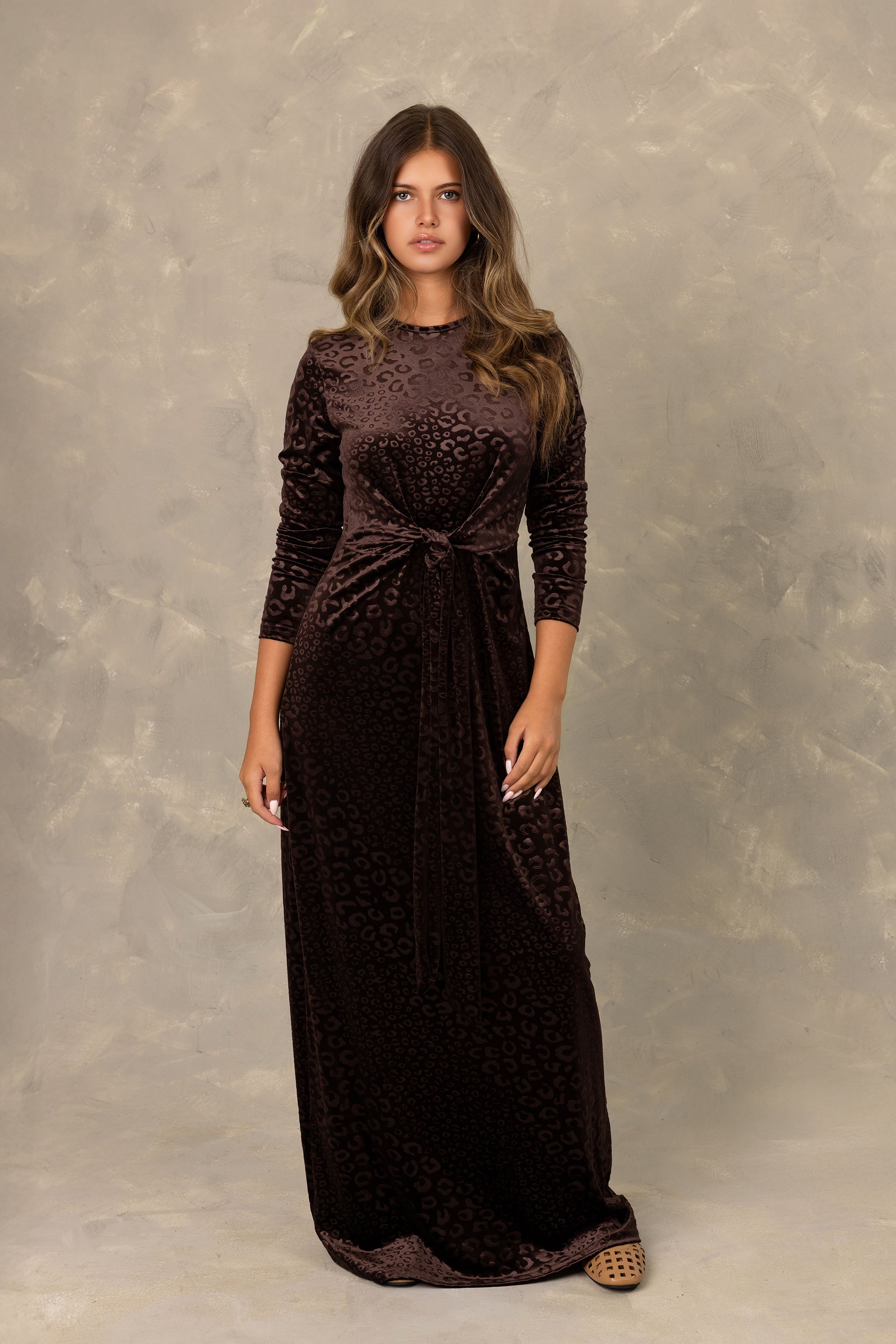 Brown Velvet Front Knot Maxi Dress