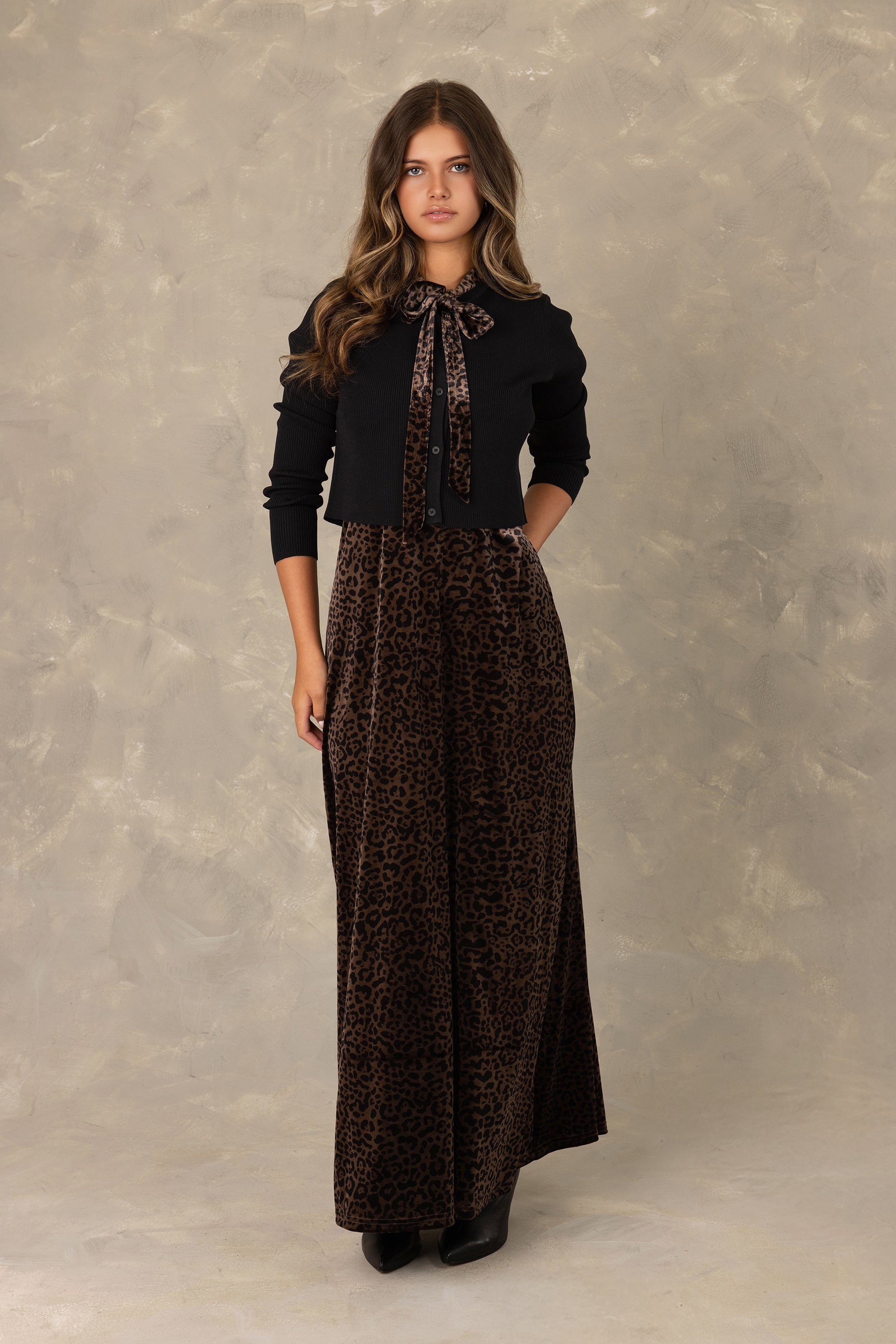 Black Cardigan & Leopard Velvet Maxi Dress 2-Piece Set