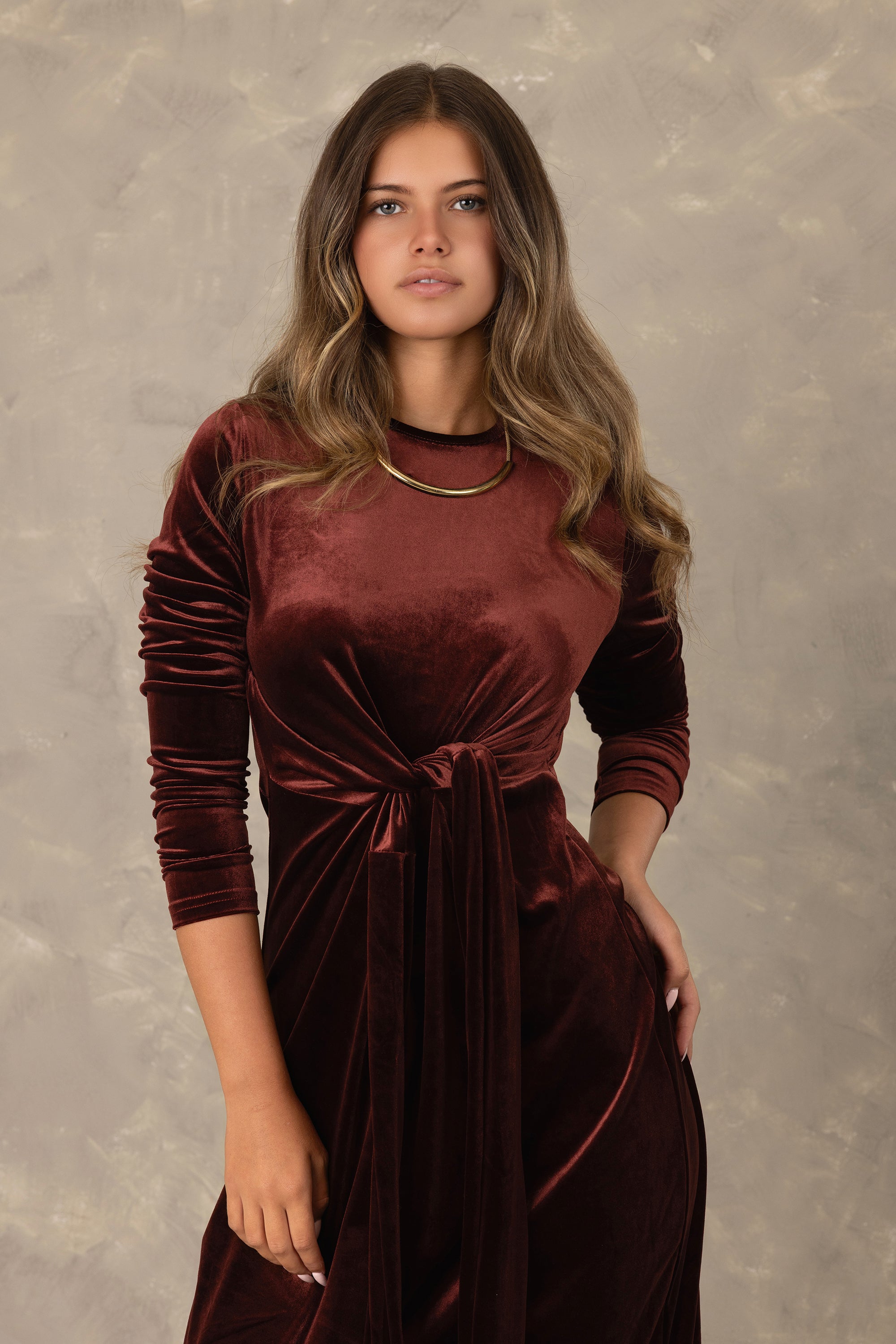 Burgundy Velvet Front Knot Maxi Dress