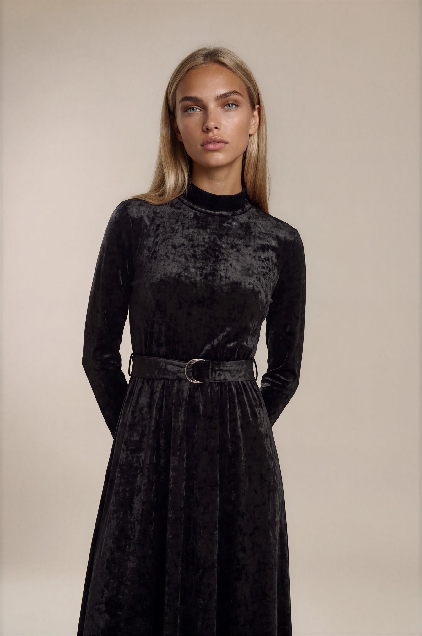 Elegant Black Velvet Belted Maxi Dress