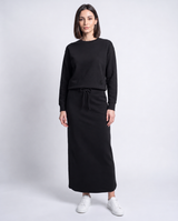 Black sweatshirt with interlocking MB monogram and matching drawstring skirt