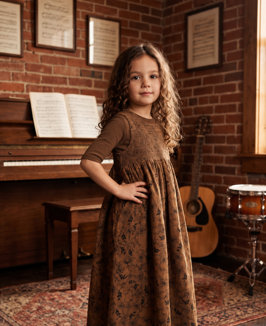 Brown floral smocked corduroy maxi jumper dress set with matching long sleeve shell.