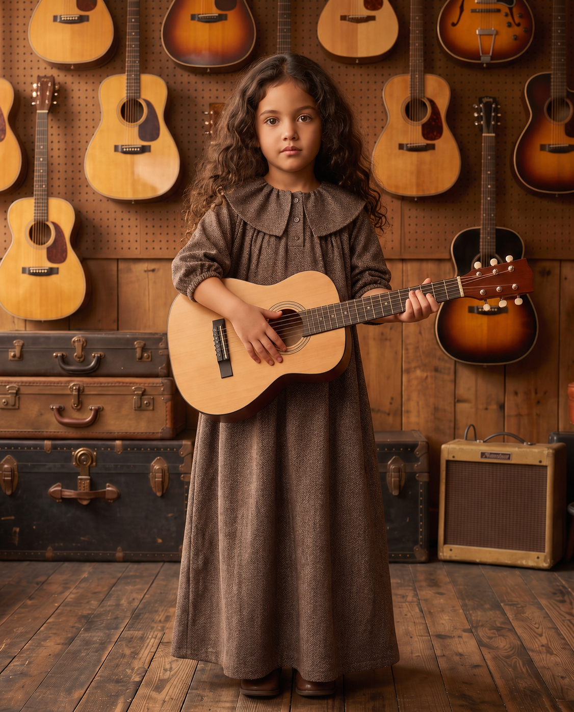 Brown Tweed Ruffle Collar Maxi Dress