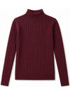 Burgundy cable-knit turtleneck sweater with ribbed collar, hem, and cuffs