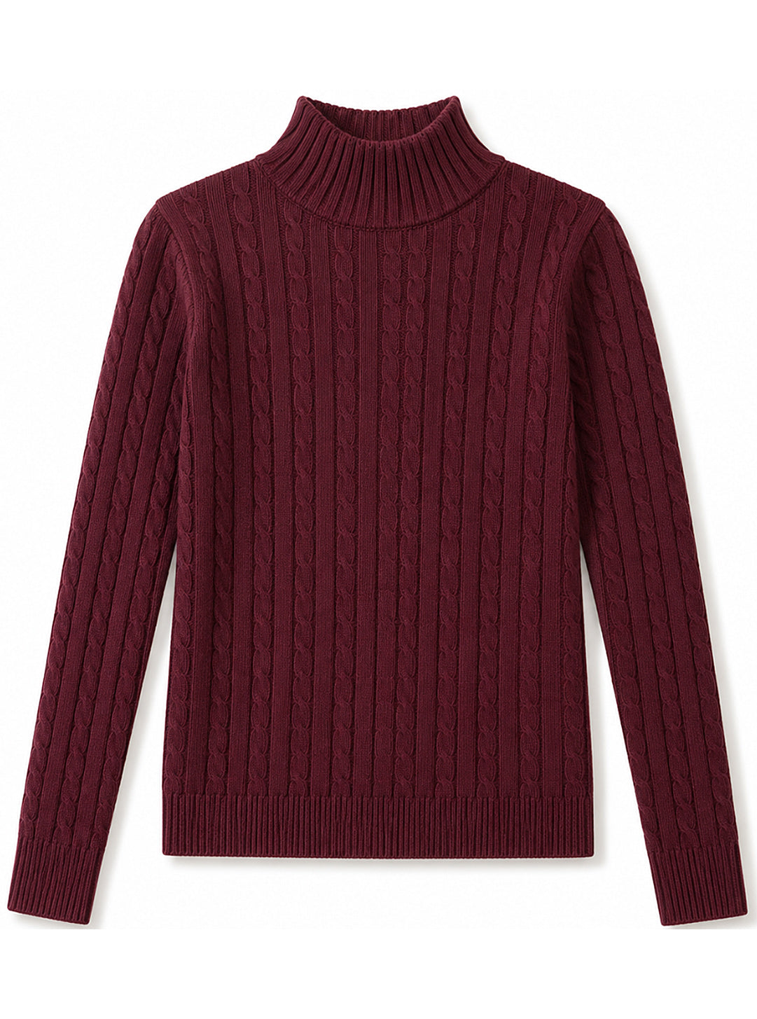 Burgundy cable-knit turtleneck sweater with ribbed collar, hem, and cuffs