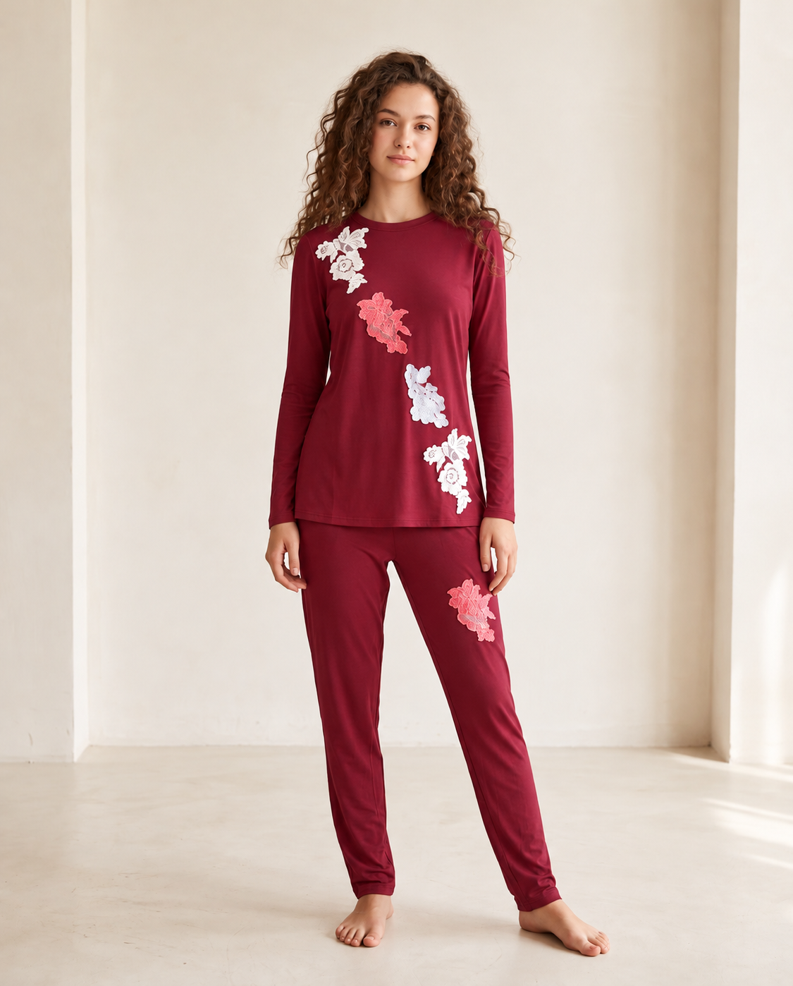 Burgundy floral lace appliqué pajama set with long-sleeve top and pants