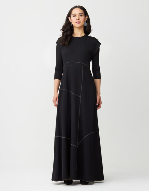 Contrast Stitched Aline Sleeveless Maxi Dress Shabbos Robe Black