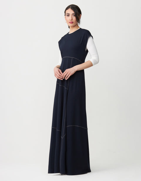 Contrast Stitched Aline Sleeveless Maxi Dress Shabbos Robe Navy