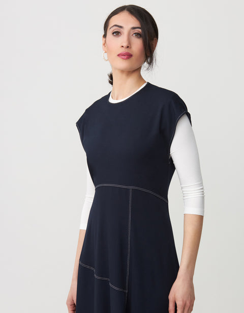 Contrast Stitched Aline Sleeveless Maxi Dress Shabbos Robe Navy