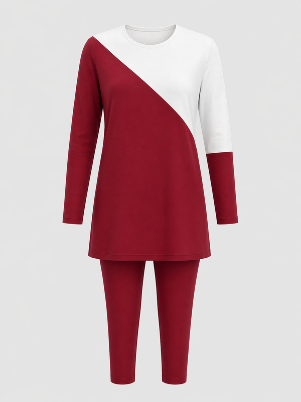 Diagonal Ivory Fuschia Ribbed Tunic Set