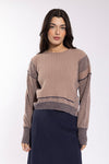 Ribbed Knit Sweater With Striped Sleeves And Raw Hem