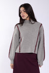 Gray Ribbed Sweater With Burgundy Stitch Detail