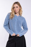 Denim Cable Knit Sweater With Buttoned Collar
