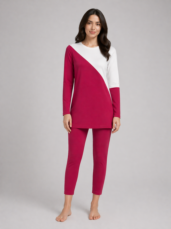 Diagonal Ivory Red Ribbed Tunic Set