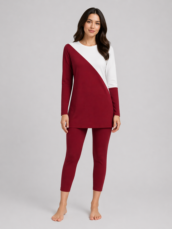 Diagonal Ivory Fuschia Ribbed Tunic Set