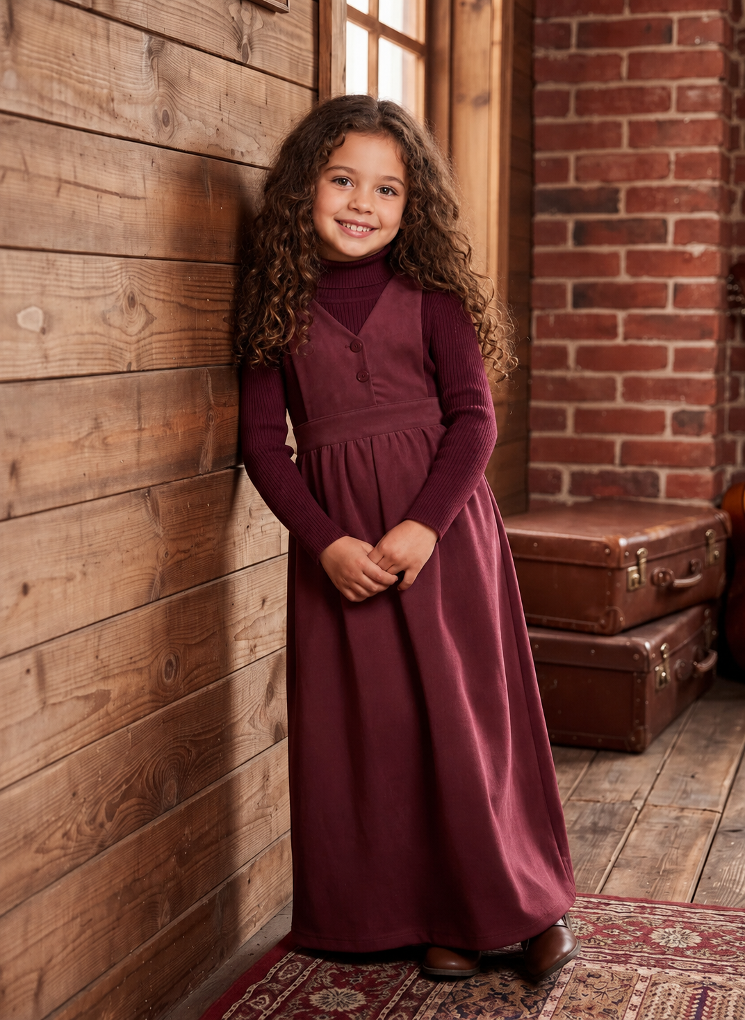 Burgundy Suede waisted sleeveless children'smaxi dress with v-neck buttoned top and waistband.