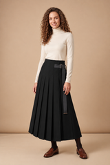 36" Black Belted Pleated Maxi Skirt