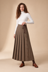 Brown pleated maxi skirt with front buttons and waist bow tie
