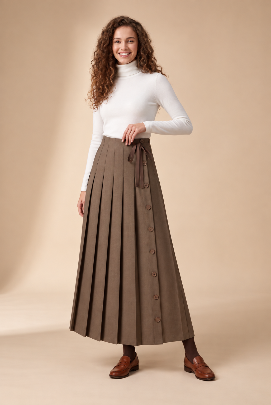 Brown pleated maxi skirt with front buttons and waist bow tie