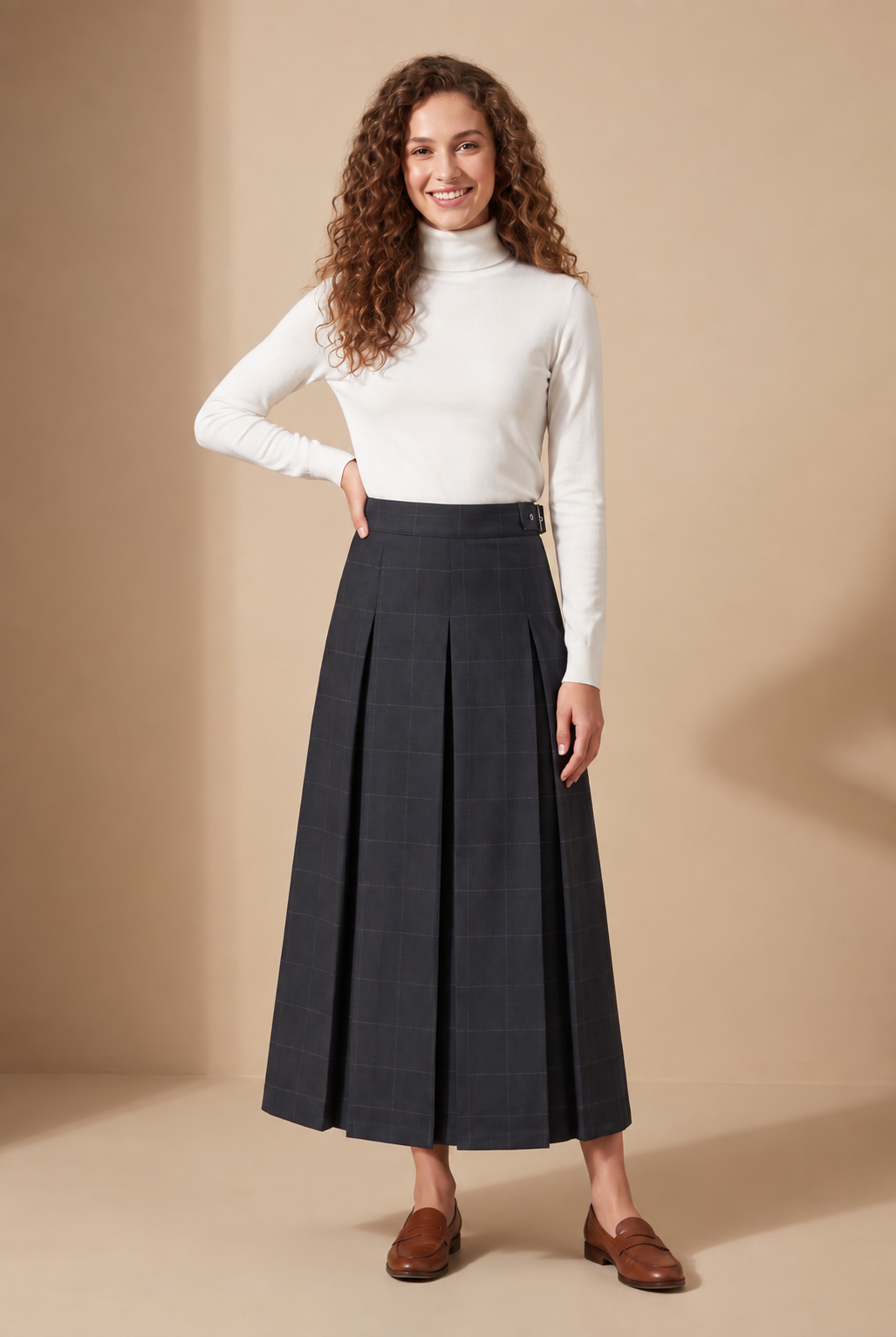 35" Grey Plaid Belted Pleated Maxi Skirt