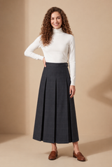 35" Grey Plaid Belted Pleated Maxi Skirt