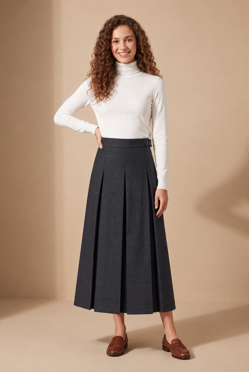 35" Navy Plaid Belted Pleated Maxi Skirt