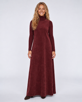 Burgundy suede sleeveless maxi jumper dress with round neckline.