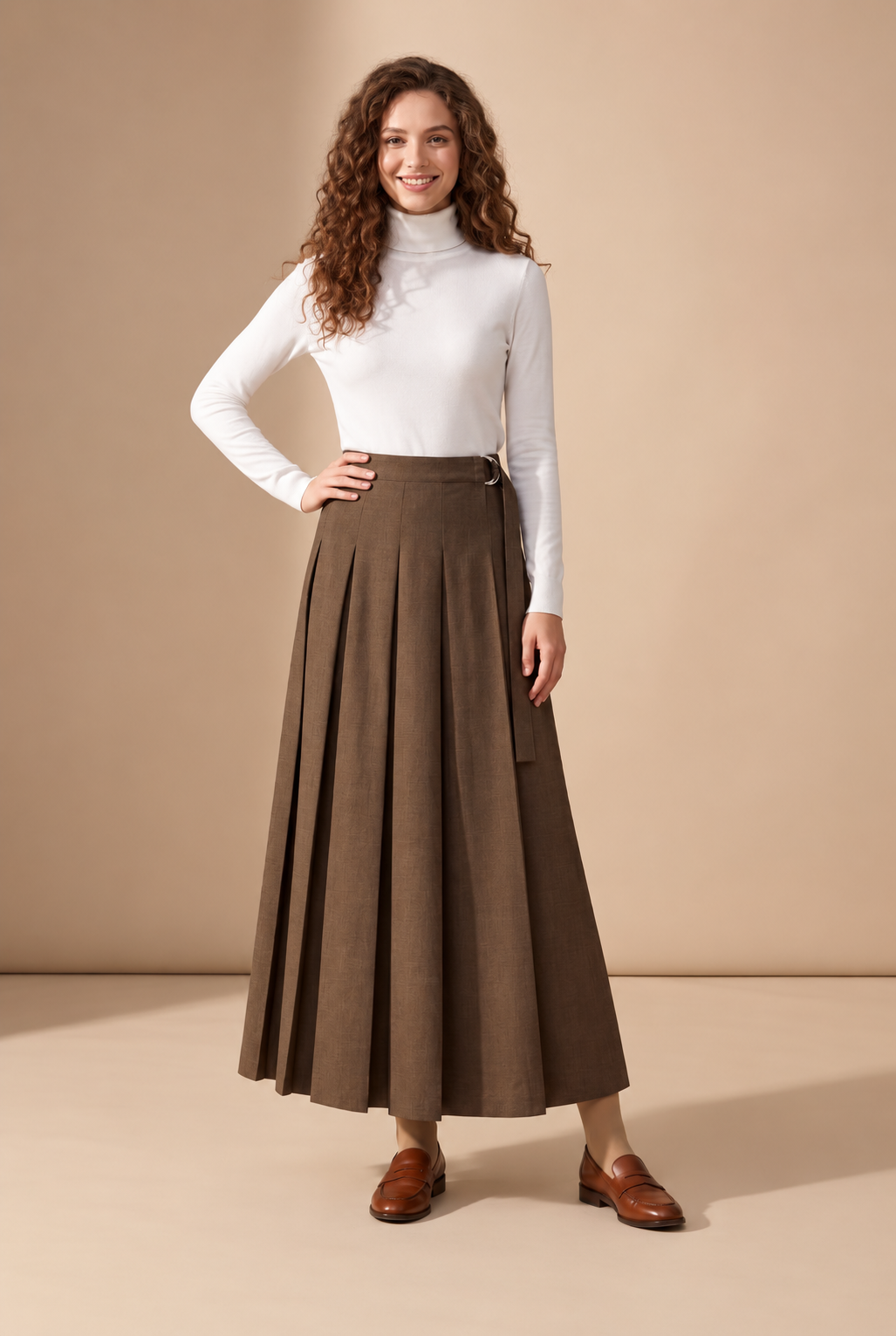 37" Brown D-Ring Pleated Maxi Skirt