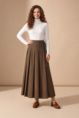 37" Brown D-Ring Pleated Maxi Skirt