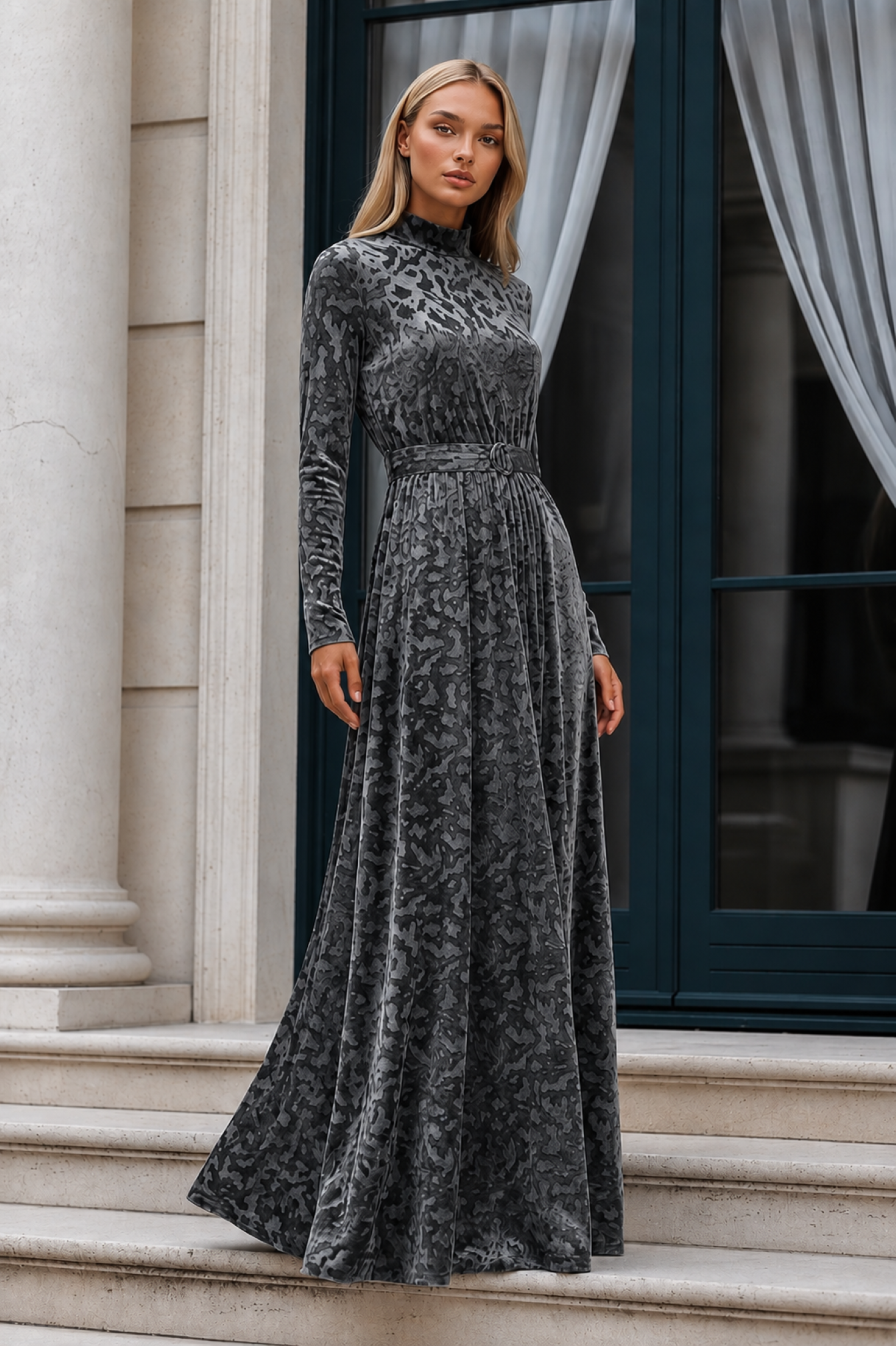 KAIA Silver Mist Belted Maxi Dress