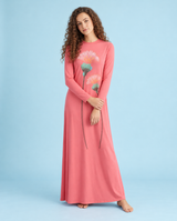 Pink long-sleeve nightgown with a floor-length skirt and whimsical flower print