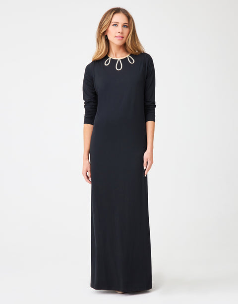Pull On Layered Nursing Nightgown with Tipped Keyhole Trim Black Gold