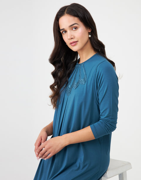 Pull On Layered Nursing Nightgown with Lotus Lace Trim Teal Blue