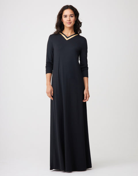 Pull On Nightgown with Satin Trimmed Vneck Black Gold